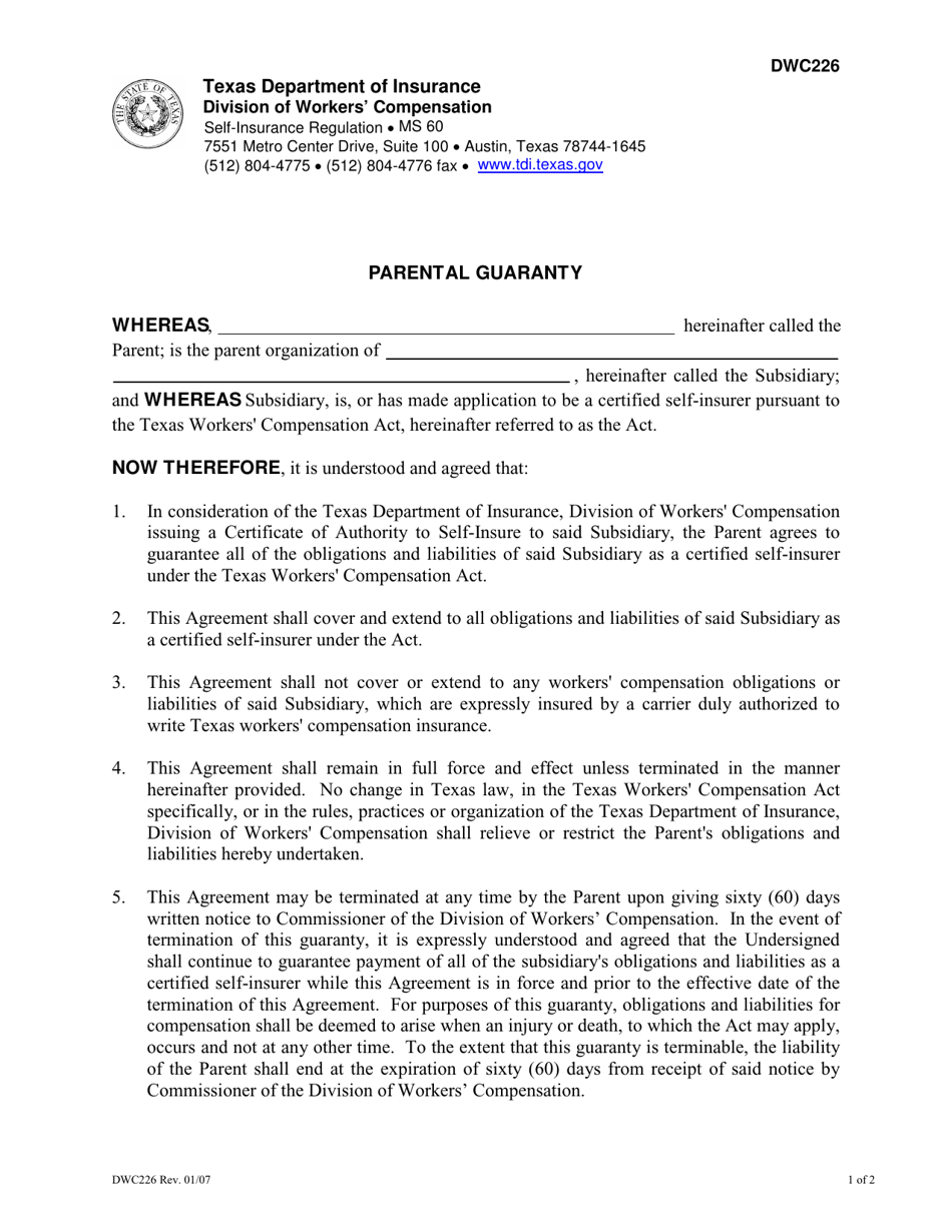 DWC Form 226 Parental Guaranty - Texas, Page 1