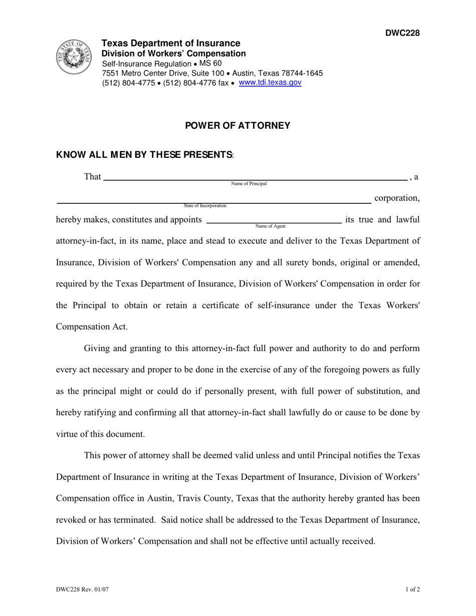 DWC Form 228 Power of Attorney - Texas, Page 1