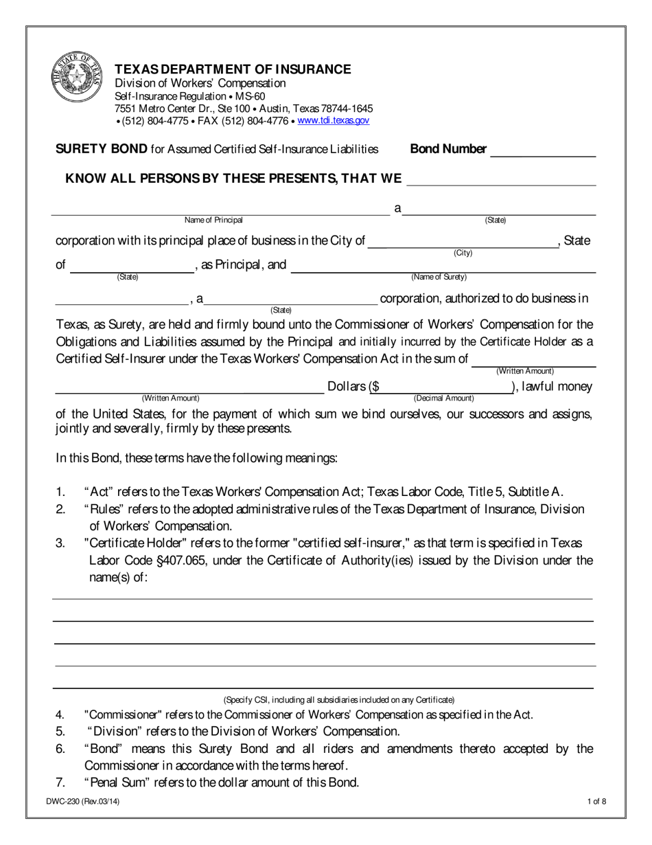 Form DWC230 Fill Out, Sign Online and Download Fillable PDF, Texas