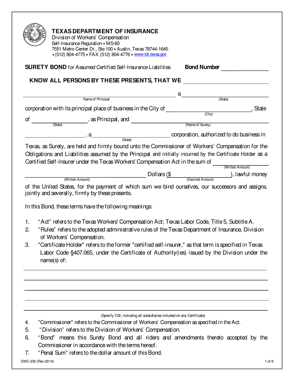 Form DWC230 Surety Bond for Assumed Certified Self-insurance Liabilities - Texas, Page 1