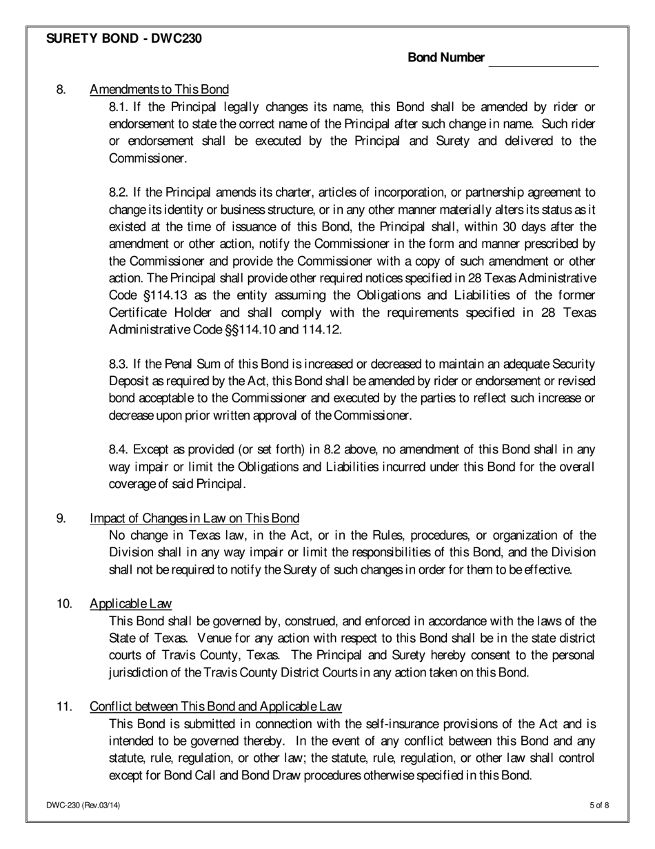Form DWC230 Surety Bond for Assumed Certified Self-insurance Liabilities - Texas, Page 5