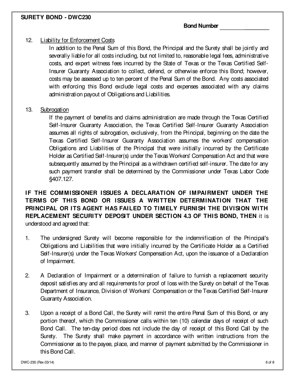 Form DWC230 Surety Bond for Assumed Certified Self-insurance Liabilities - Texas, Page 6