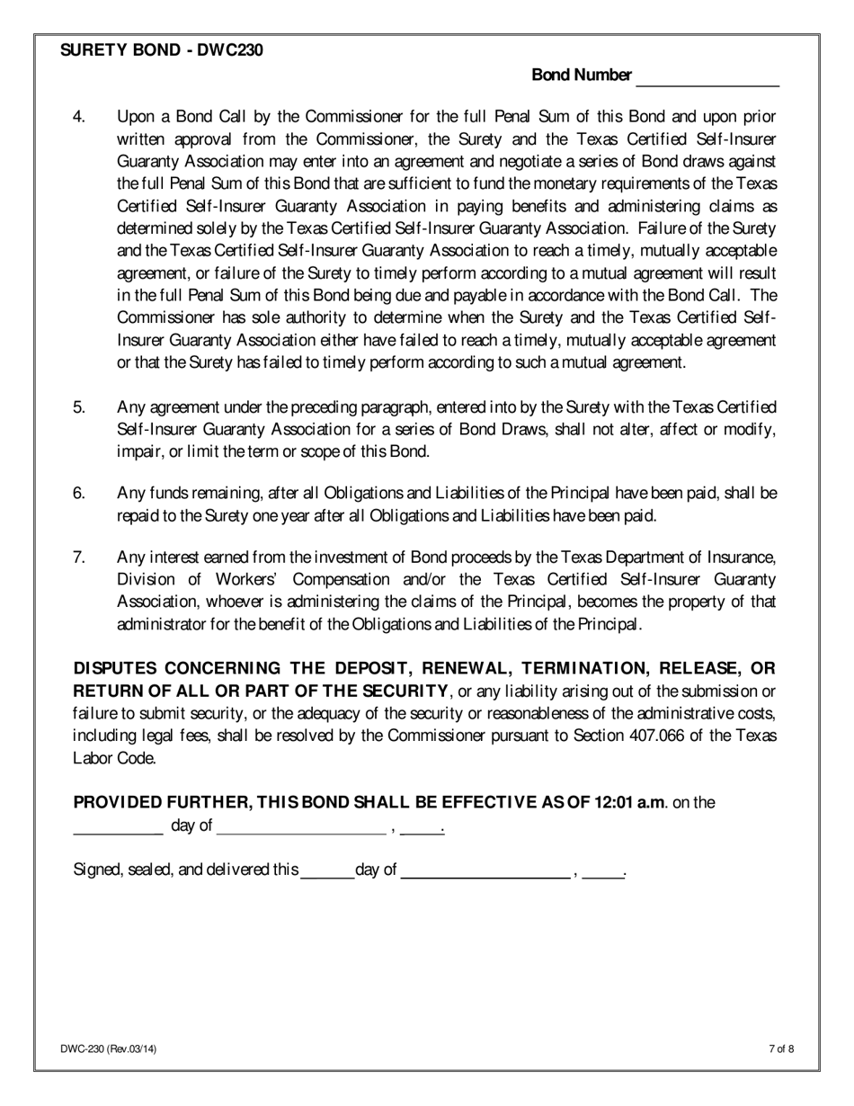 Form DWC230 Surety Bond for Assumed Certified Self-insurance Liabilities - Texas, Page 7