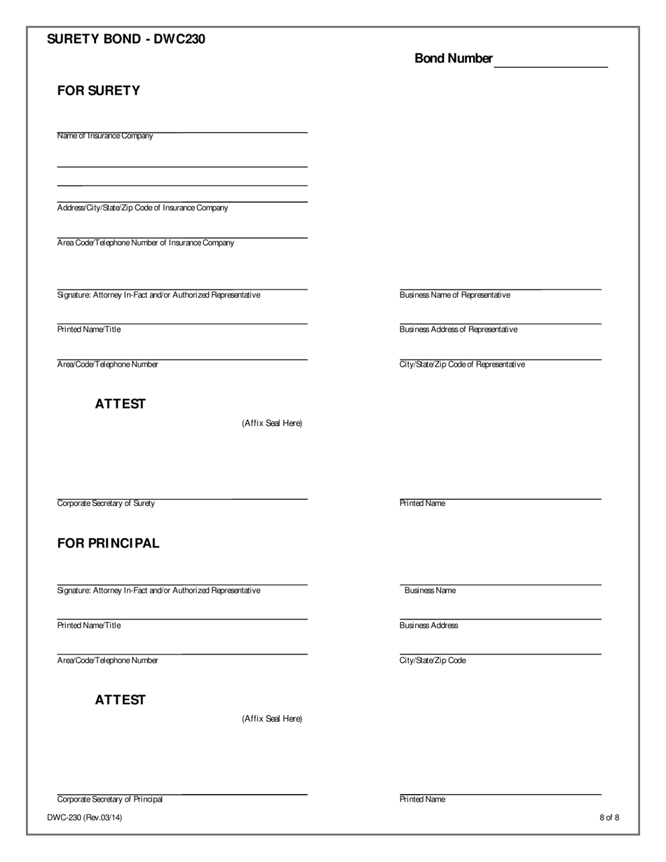 Form DWC230 Surety Bond for Assumed Certified Self-insurance Liabilities - Texas, Page 8
