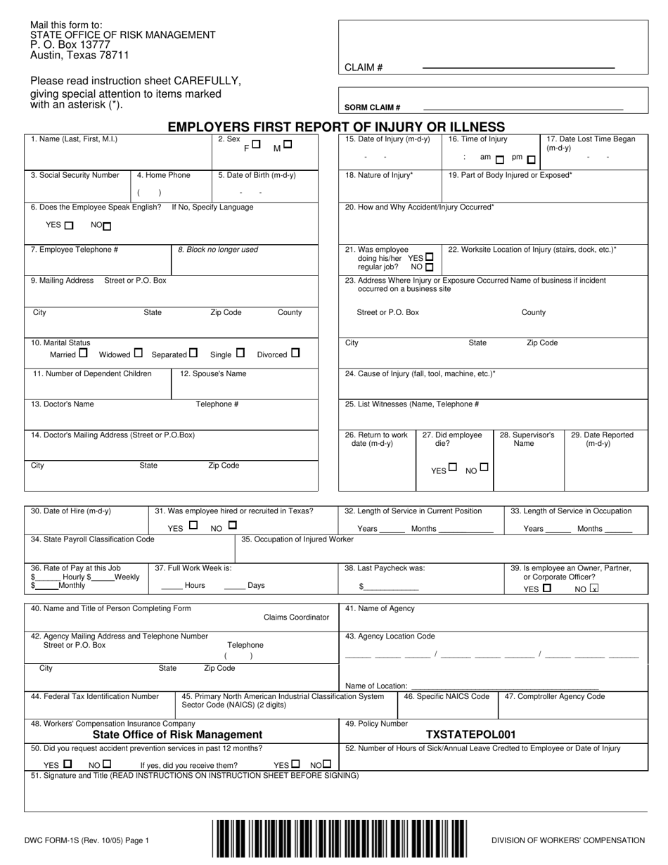 Form DWC1S Fill Out, Sign Online and Download Fillable PDF, Texas