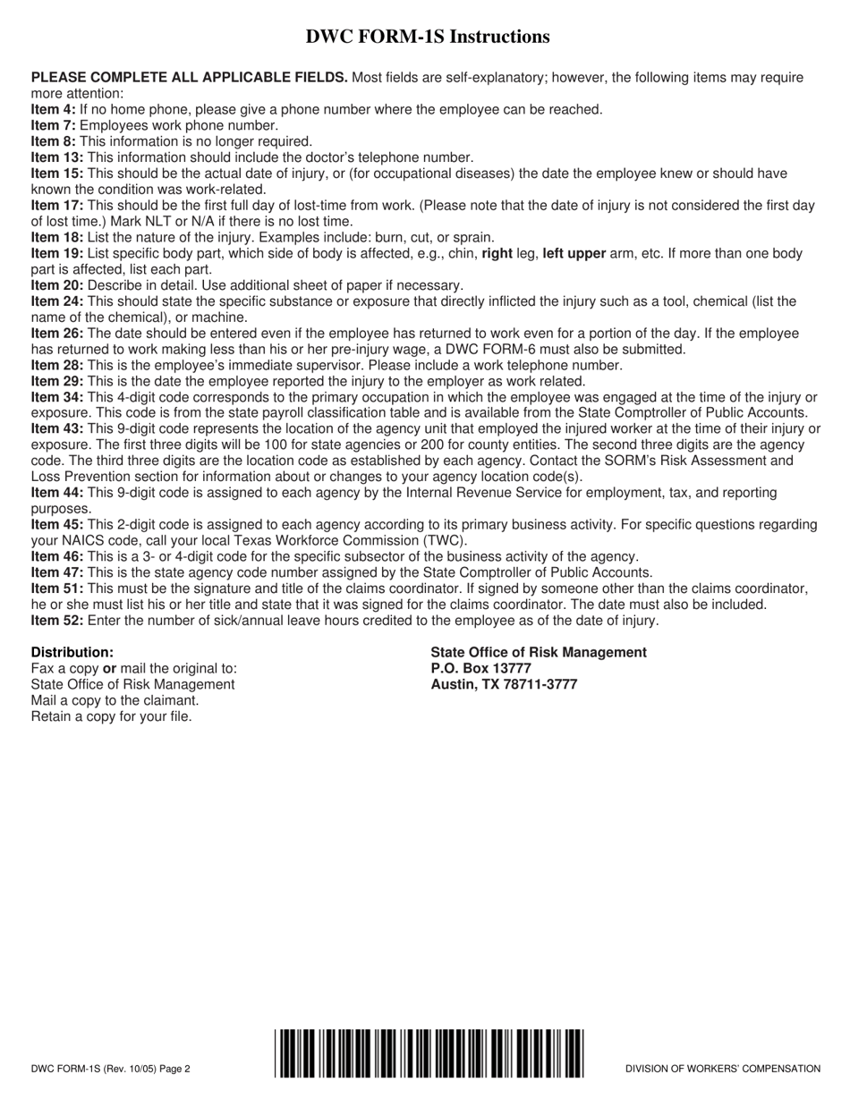 Form DWC1S Employers First Report of Injury or Illness - Texas, Page 2