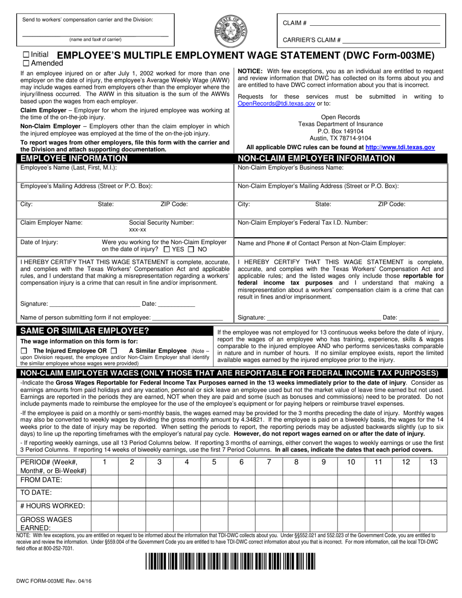 Form DWC003ME Employees Multiple Employment Wage Statement - Texas, Page 1