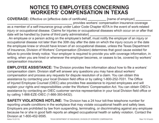 Document preview: Notice 10 Notice to Employees Concerning Workers' Compensation in Texas - Texas