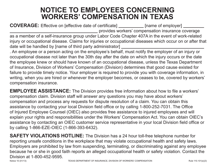 Notice 10 Notice to Employees Concerning Workers' Compensation in Texas - Texas