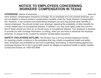 Document preview: Notice 5 Notice to Employees Concerning Workers' Compensation in Texas - Texas