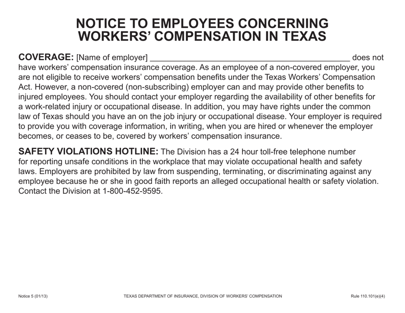 Notice 5 Notice to Employees Concerning Workers' Compensation in Texas - Texas