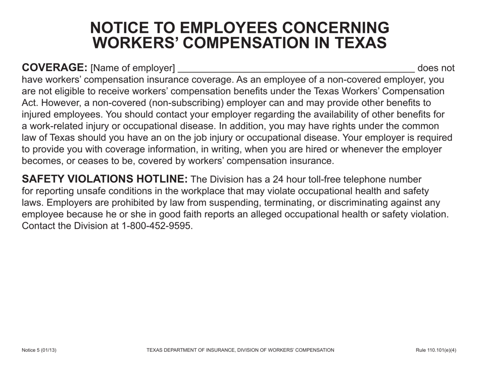 Notice 5 Notice to Employees Concerning Workers Compensation in Texas - Texas, Page 1