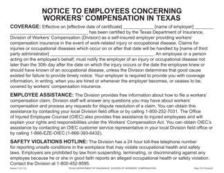 Document preview: Notice 7 Notice to Employees Concerning Workers' Compensation in Texas - Texas