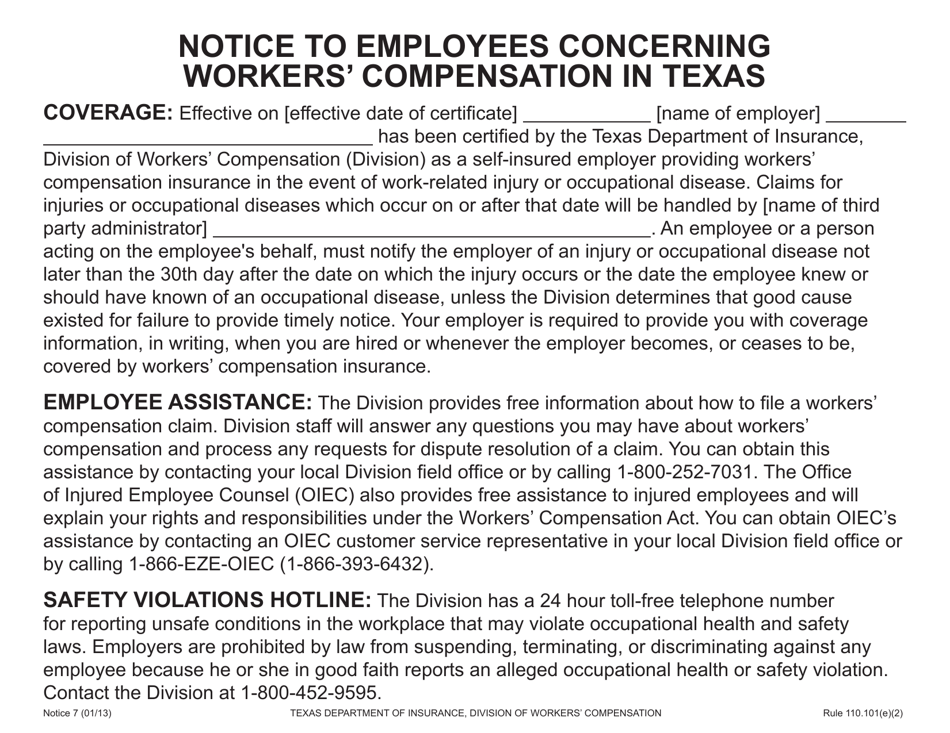 Notice 7 Notice to Employees Concerning Workers Compensation in Texas - Texas, Page 1