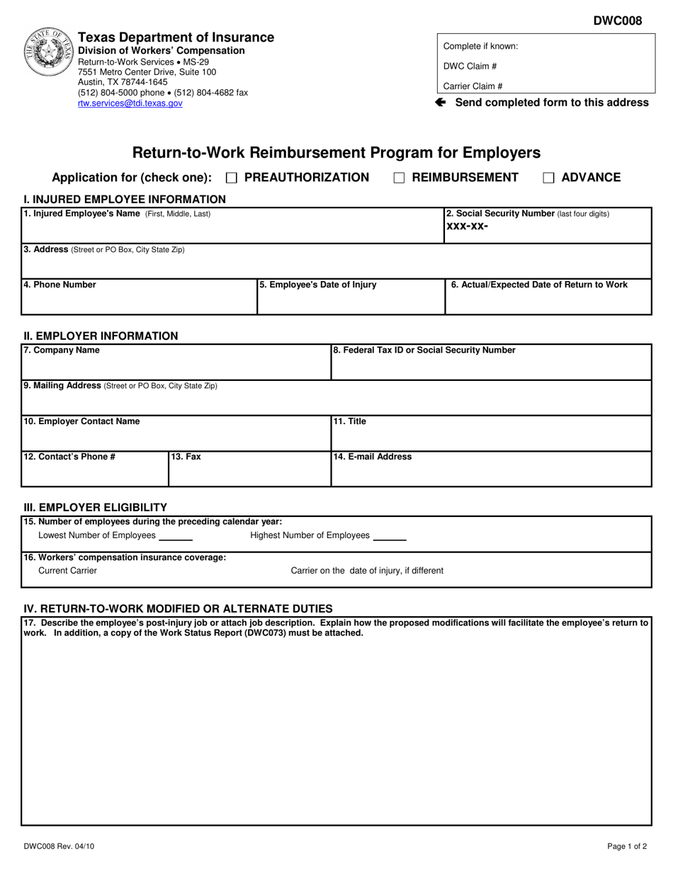 DWC Form 008 Return-To-Work Reimbursement Program for Employers - Texas, Page 1