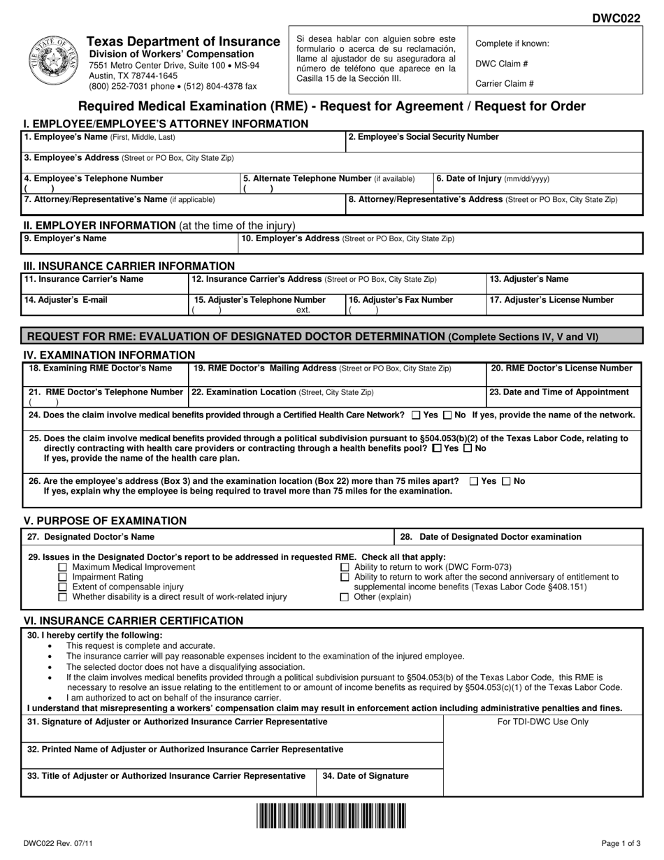 Form DWC022 Required Medical Examination (Rme) - Request for Agreement / Request for Order - Texas, Page 1