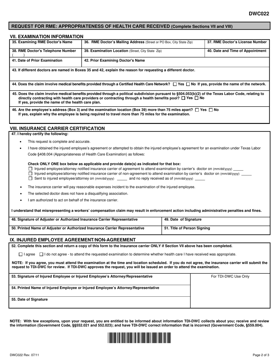 Form DWC022 - Fill Out, Sign Online and Download Fillable PDF, Texas ...