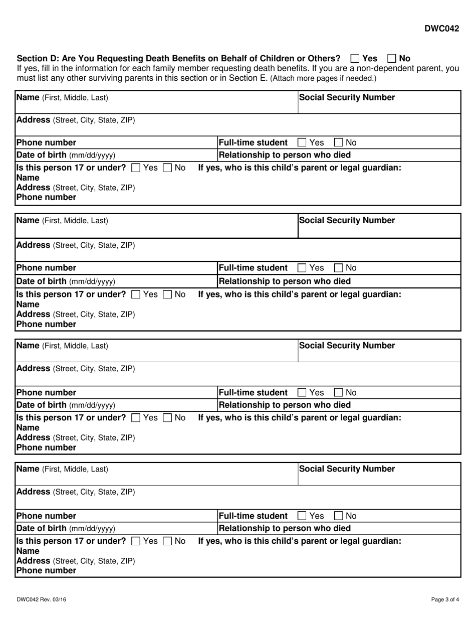 Form DWC042 Claim for Workers Compensation Death Benefits - Texas, Page 3
