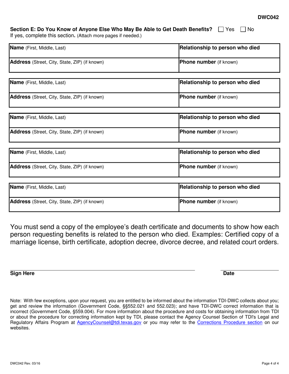 Form DWC042 Claim for Workers Compensation Death Benefits - Texas, Page 4
