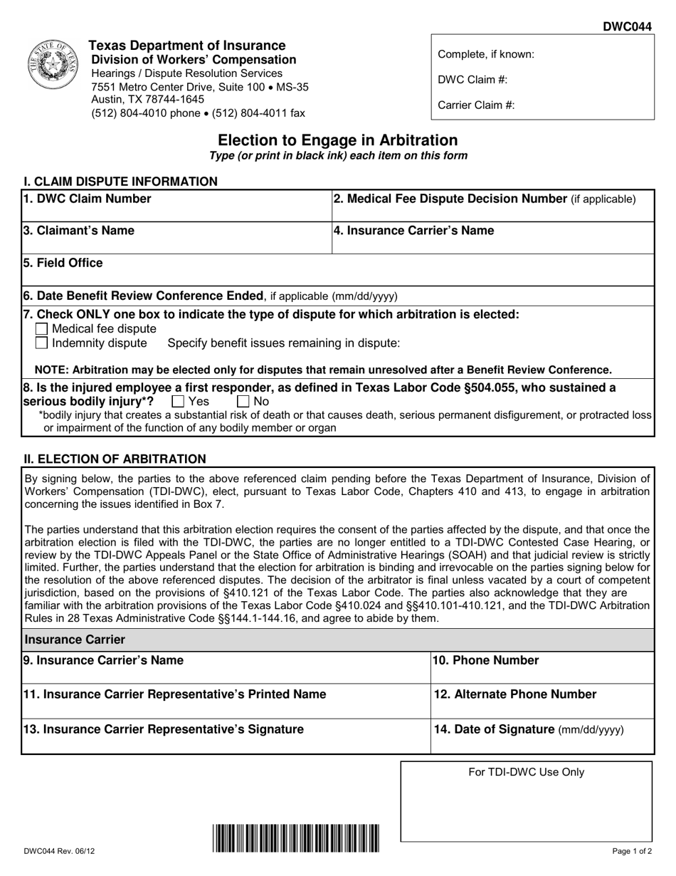 DWC Form 044 Election to Engage in Arbitration - Texas, Page 1