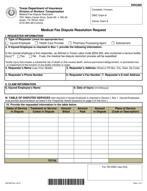 DWC Form 060 Medical Fee Dispute Resolution Request - Texas