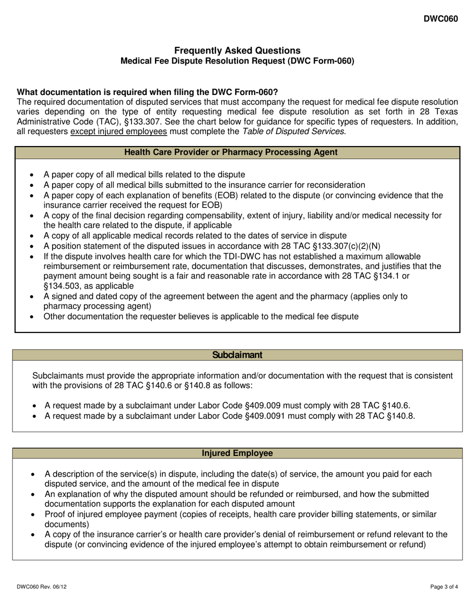 DWC Form 060 Medical Fee Dispute Resolution Request - Texas, Page 3