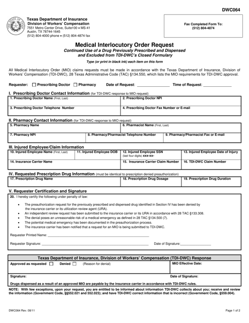 DWC Form 064 Medical Interlocutory Order Request - Continued Use of a Drug Previously Prescribed and Dispensed and Excluded From Tdi-DWC's Closed Formulary - Texas