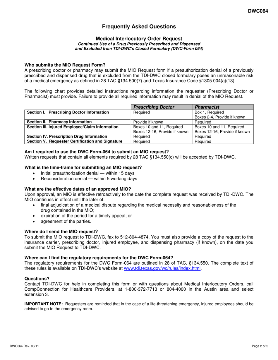 DWC Form 064 - Fill Out, Sign Online and Download Fillable PDF, Texas ...