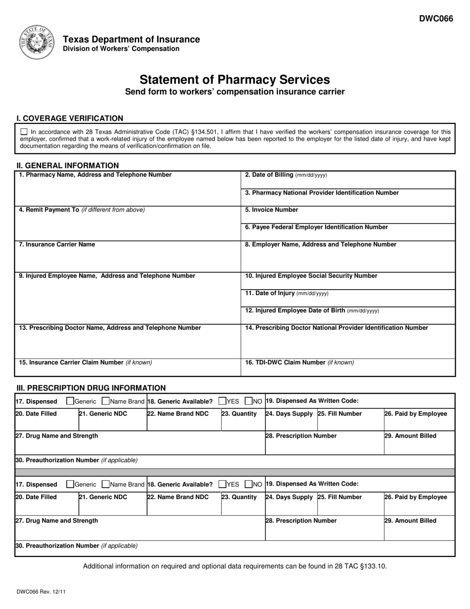 DWC Form 066 Statement of Pharmacy Services - Texas, Page 1