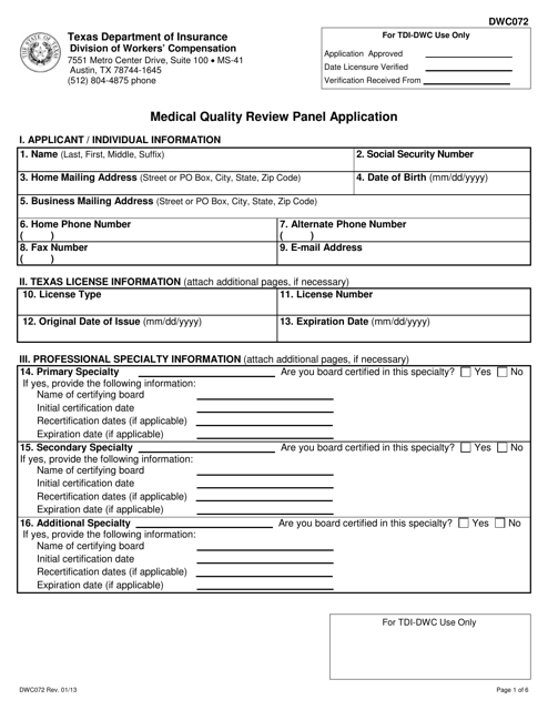 DWC Form 072 Medical Quality Review Panel Application - Texas