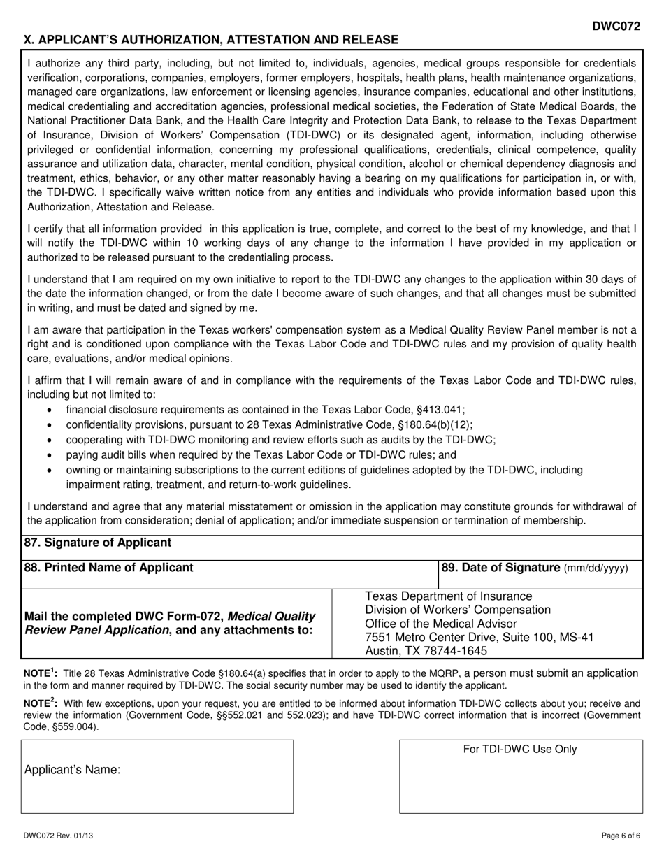 DWC Form 072 Medical Quality Review Panel Application - Texas, Page 6