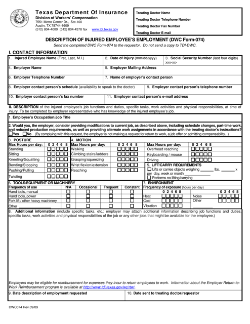 DWC Form 074 Description of Injured Employee's Employment - Texas