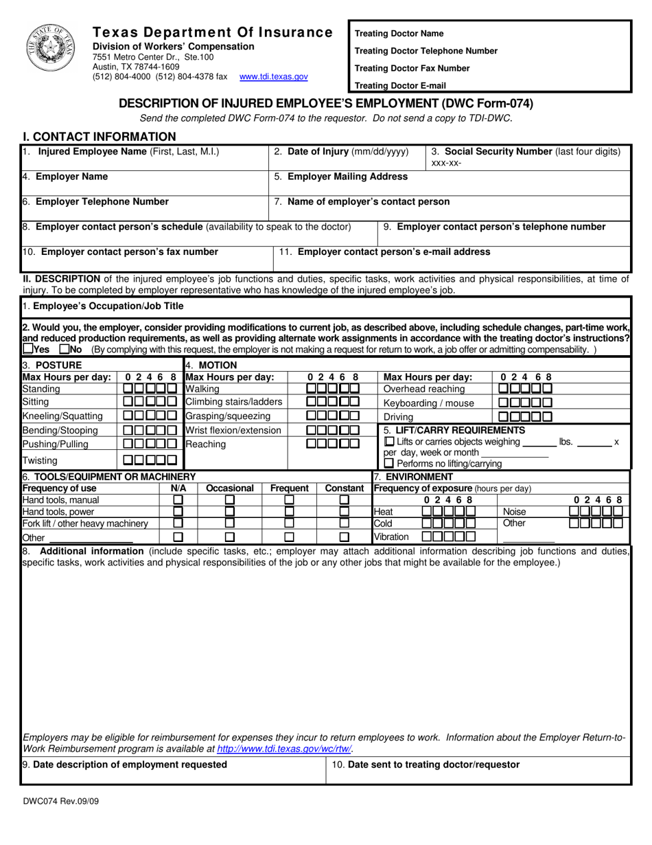 DWC Form 074 - Fill Out, Sign Online and Download Fillable PDF, Texas ...
