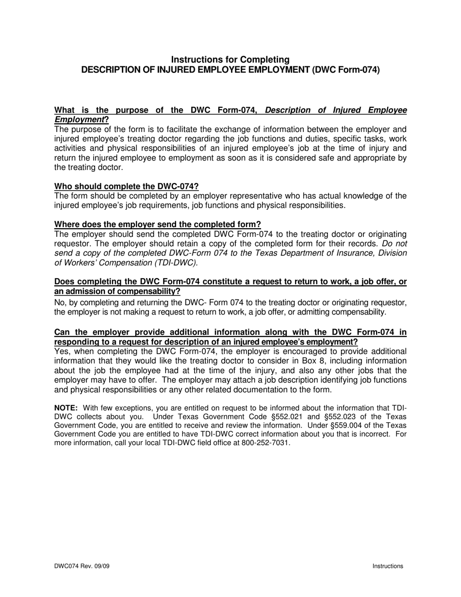DWC Form 074 Description of Injured Employees Employment - Texas, Page 2