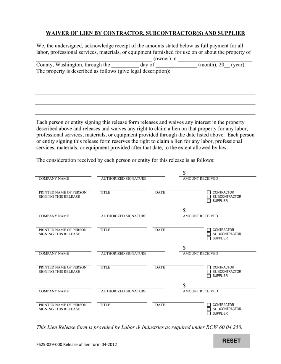 Form F625-029-000 Waiver of Lien by Contractor, Subcontractor(S) and Supplier - Washington, Page 1