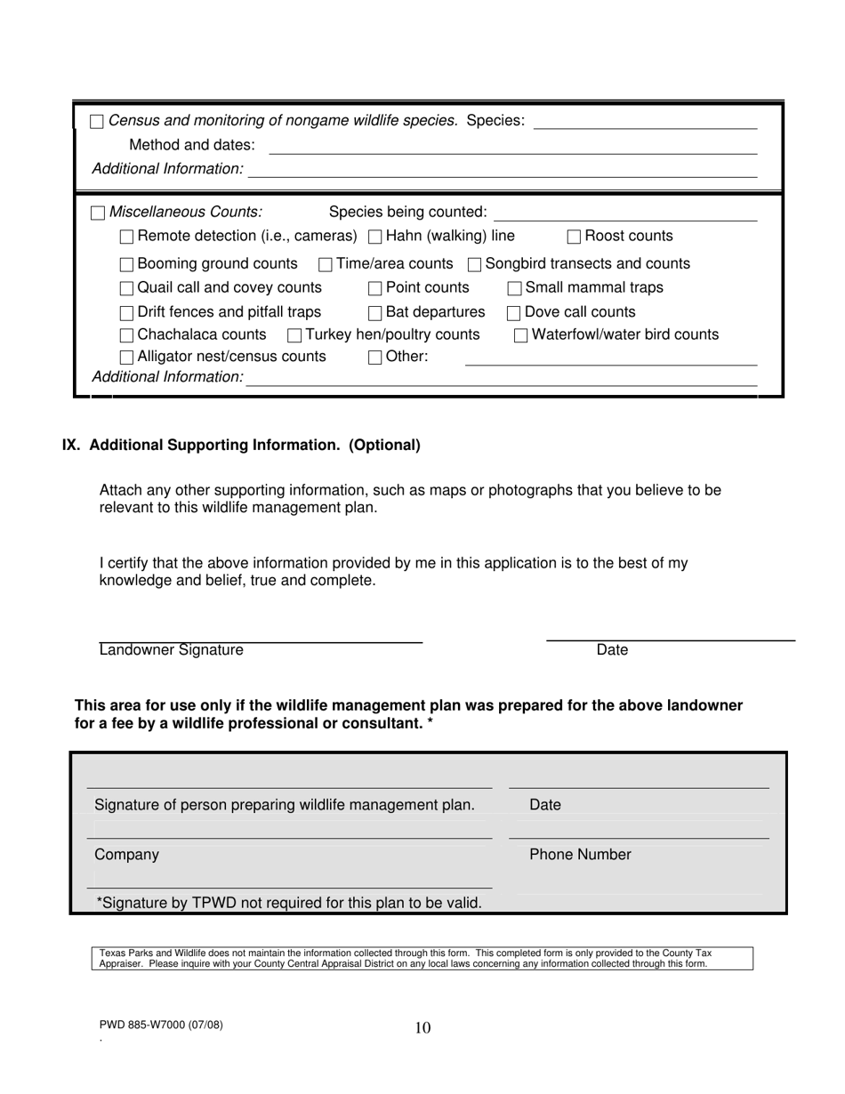 Form PWD885 Wildlife Management Plan for Agricultural Tax Valuation - Texas, Page 10