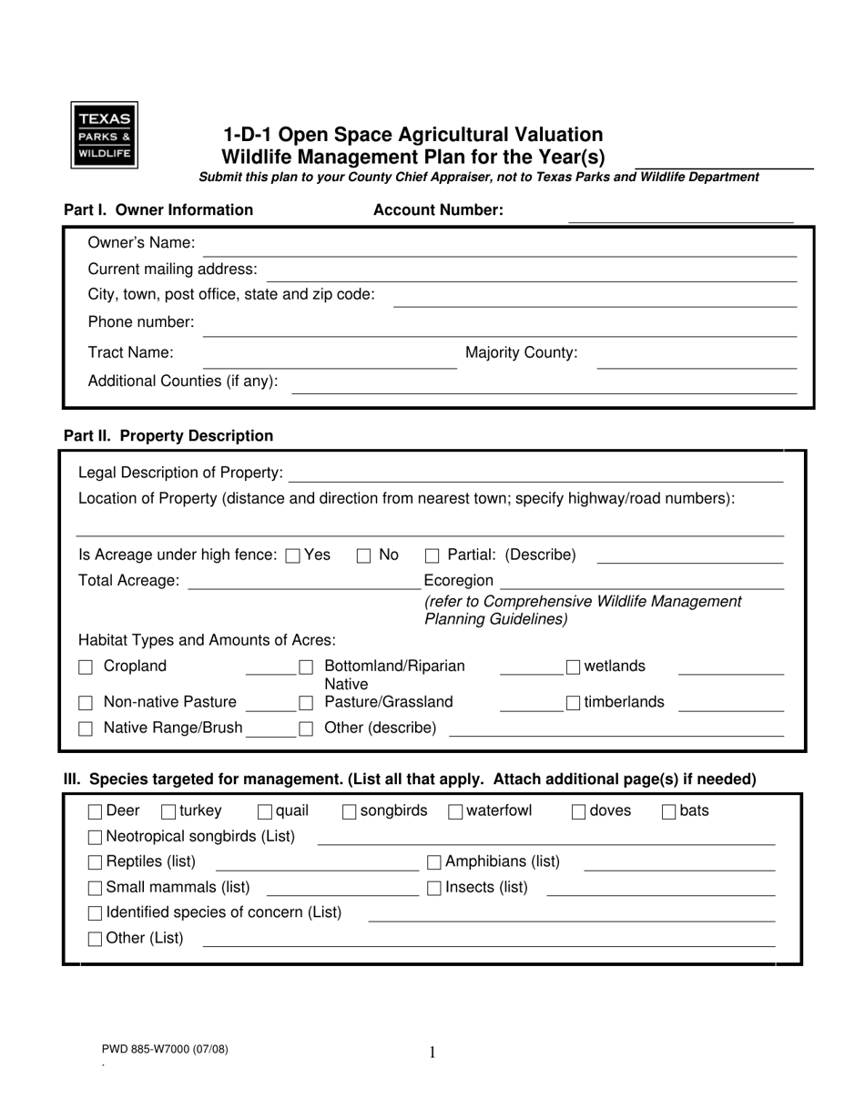 Form PWD885 Wildlife Management Plan for Agricultural Tax Valuation - Texas, Page 1