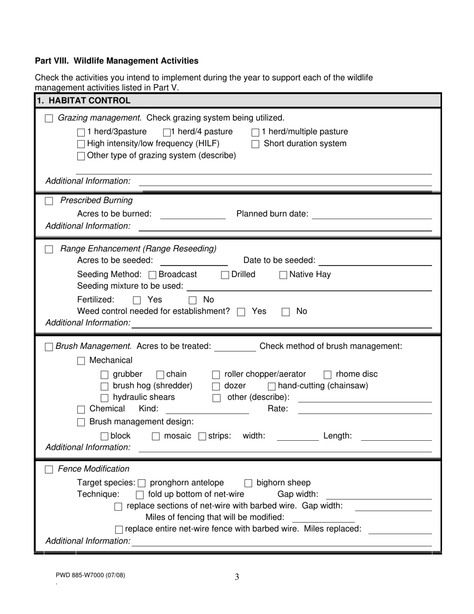 Form PWD885 Wildlife Management Plan for Agricultural Tax Valuation - Texas, Page 3