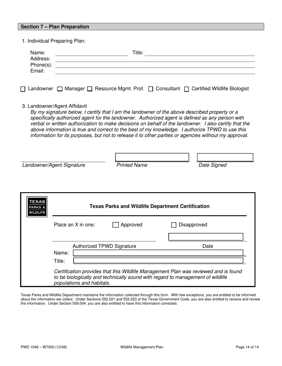 Form PWD1046 Wildlife Management Plan - Texas, Page 14