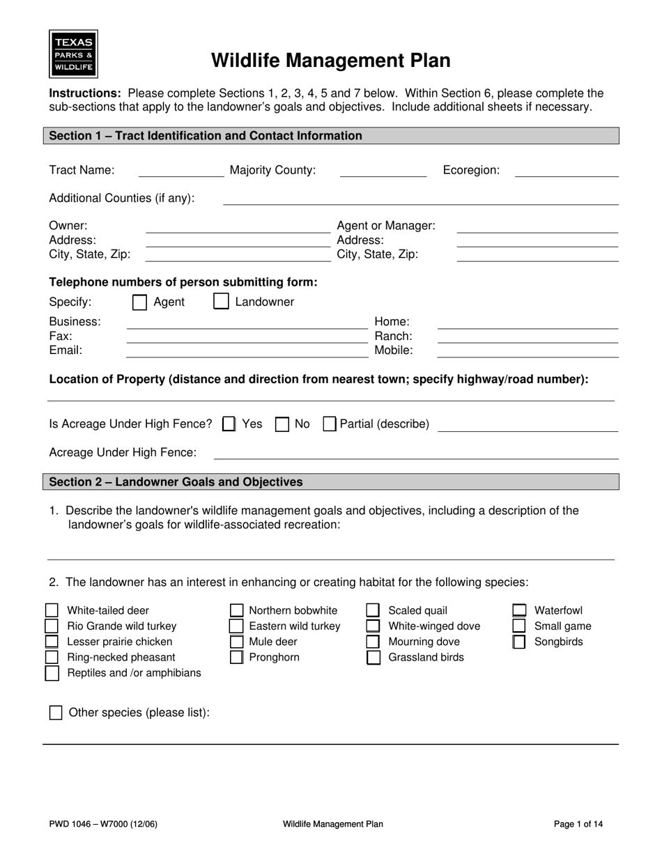 Form PWD1046 Wildlife Management Plan - Texas, Page 1