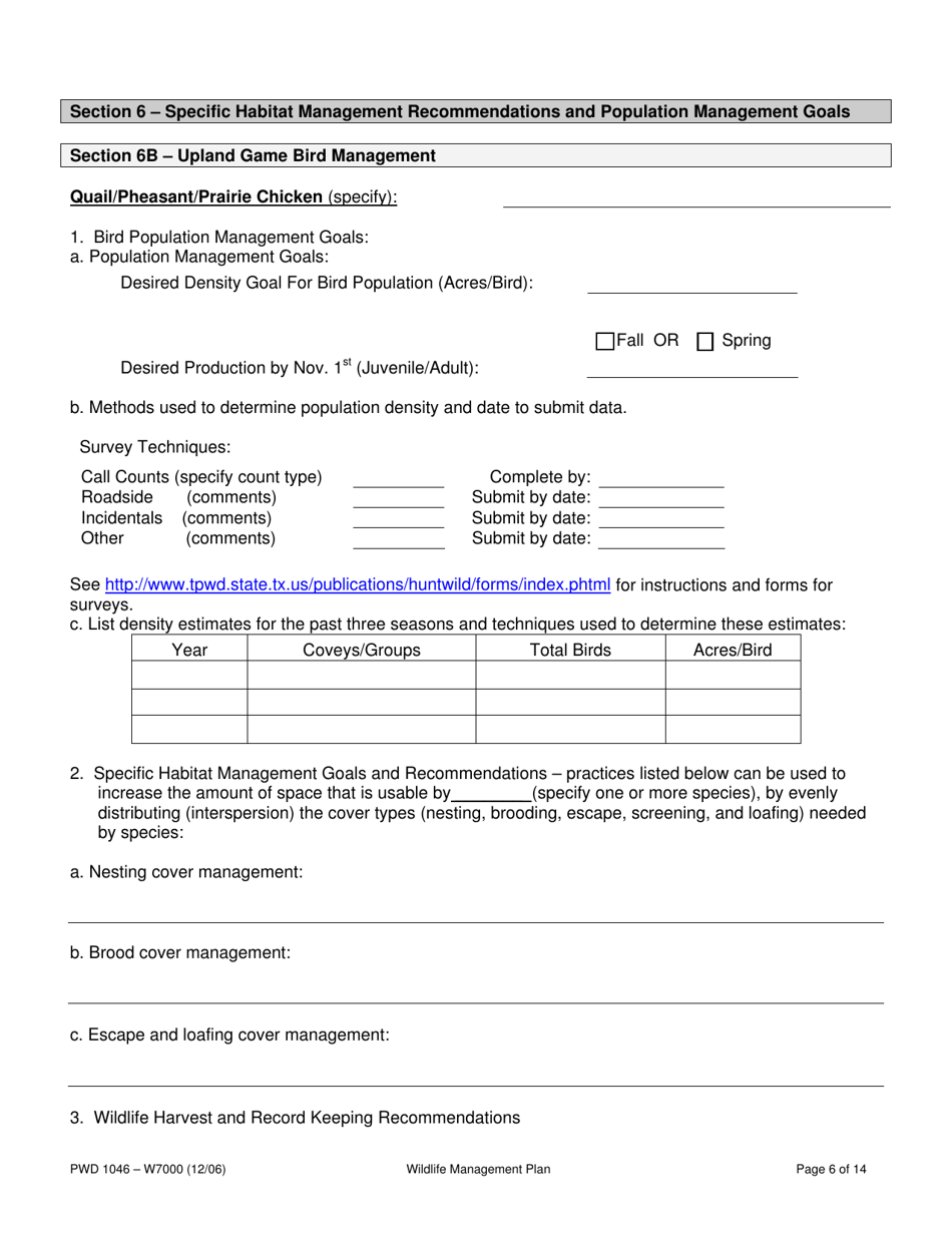 Form PWD1046 Wildlife Management Plan - Texas, Page 6