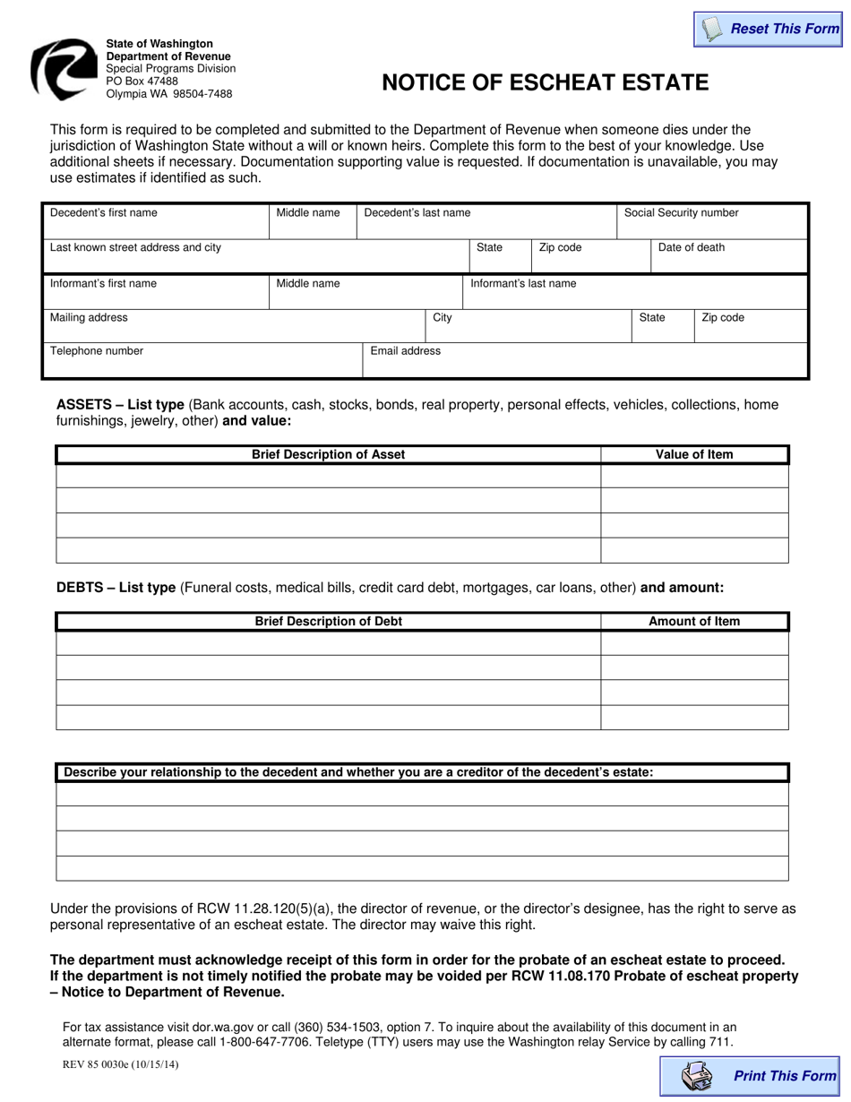 Form REV85 0030E Notice of Escheat Estate - Washington, Page 1