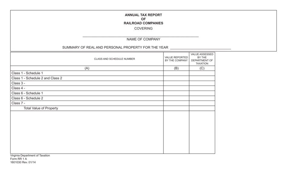 Form Rr1 A Download Fillable Pdf Or Fill Online Annual Tax Report Of Railroad Companies Summary 9377