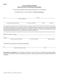 Form ST-22 &quot;Railroad Rolling Stock Exemption Certificate&quot; - Virginia