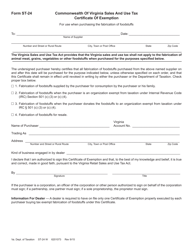 Document preview: Form ST-24 Fabrication of Foodstuffs Exemption Certificate - Virginia