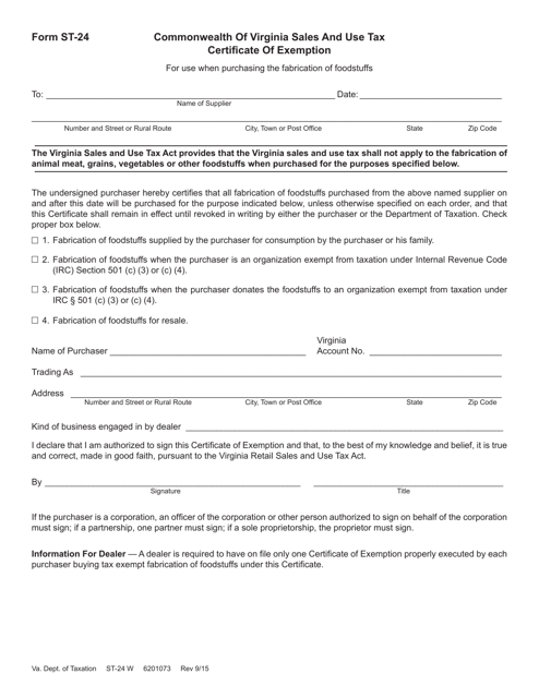 Form ST-24 Fabrication of Foodstuffs Exemption Certificate - Virginia