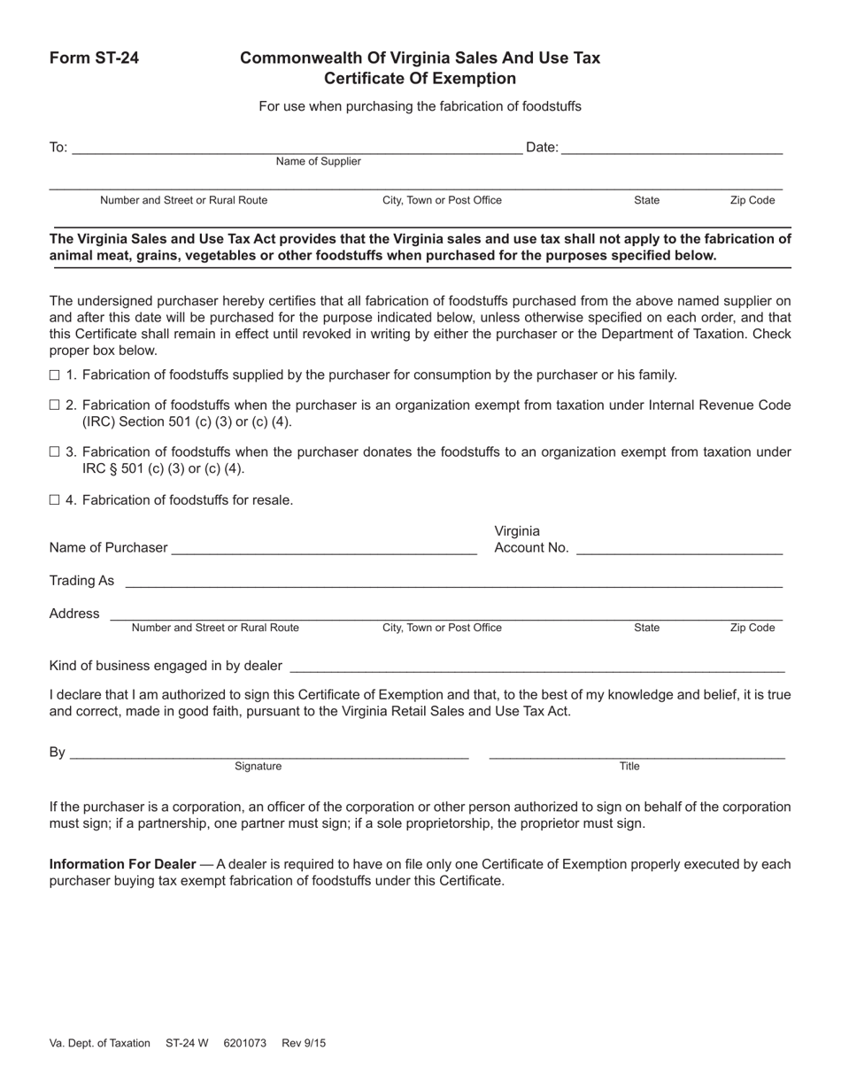 Form ST-24 Fabrication of Foodstuffs Exemption Certificate - Virginia, Page 1