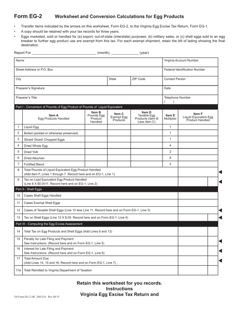 Form EG-2 Worksheet and Conversion Calculations for Egg Products - Virginia