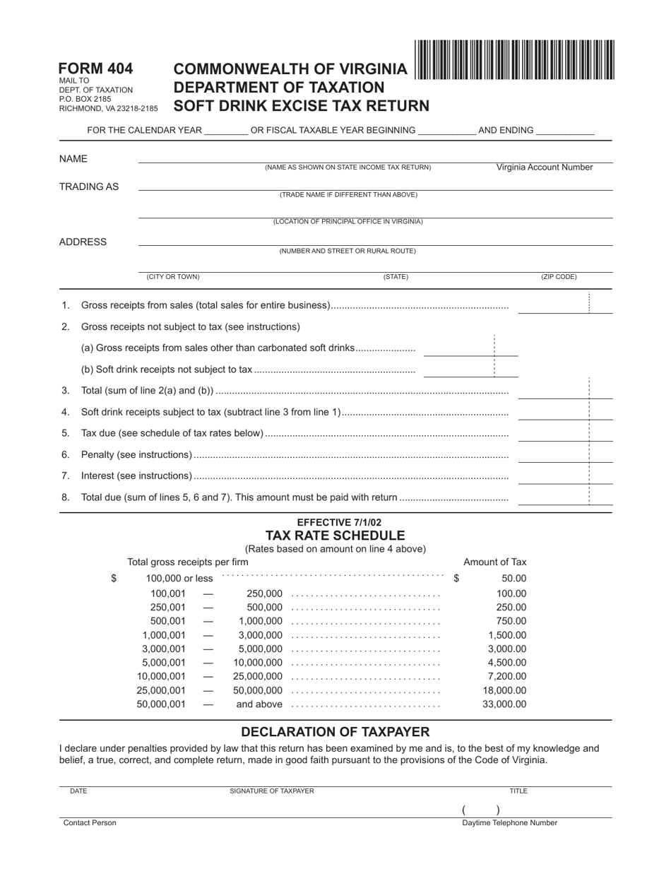 Form 404 Soft Drink Excise Tax Return - Virginia, Page 1