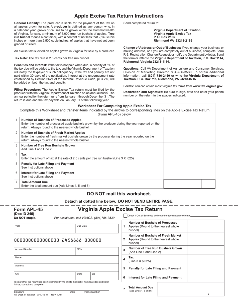 Form APL-45 Virginia Apple Excise Tax Return - Virginia, Page 1